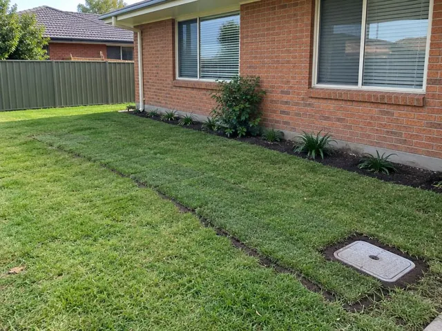 Reinstated lawn beside a brick house with visible trench lines and an access cover in Lalor Park